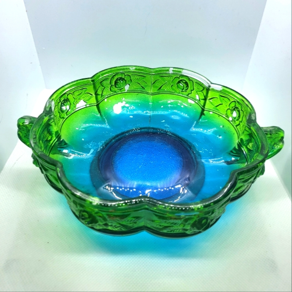Vintage Green and Blue Goofus Glass Bowl